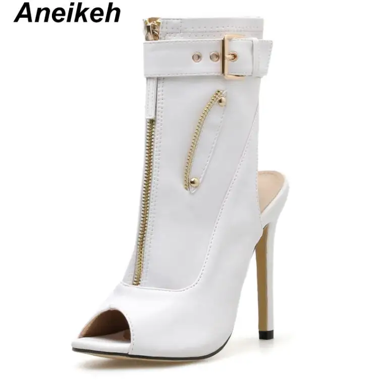 white Aneikeh/ г. Летние ботильоны из PU искусственной кожи женская обувь на высоком каблуке пикантные женские ботинки «Челси» с открытым носком вечерние туфли на тонком каблуке Размеры 35-40 - Цвет: white
