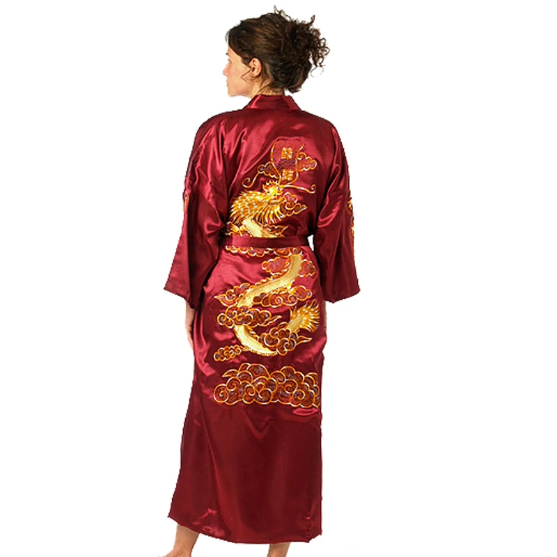 Банный халат Для женщин Китайский Стиль Атласный вышивка дракон Gown Robe женские