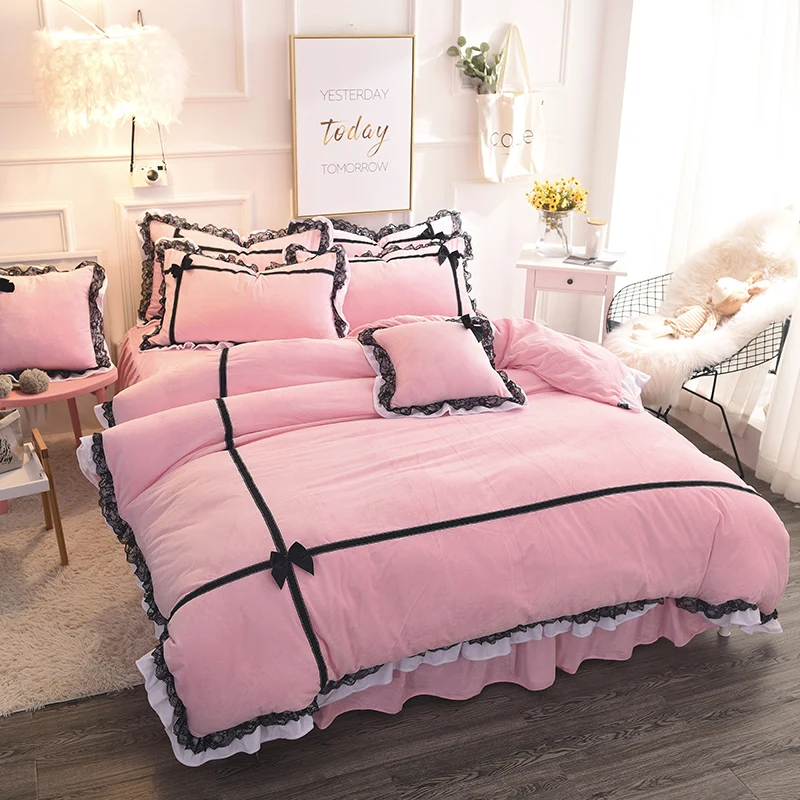

4Pcs New crystal velvet luxury Bedding set King queen Twin size Bed set Princess Girls White Pink Bed skirt set Pillowcase