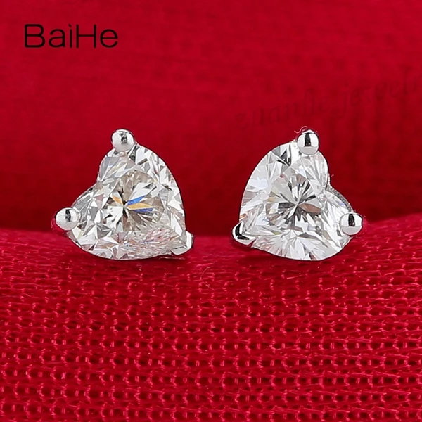 BAIHE VS/ч огранка «сердце» натуральный кубический Zironia одноцветное Белое золото 14 карат серьги-гвоздики с бриллиантами Для женщин помолвка Свадебная вечеринка ювелирные изделия