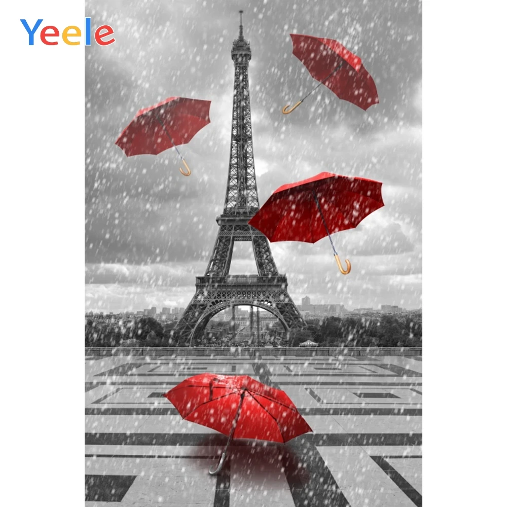 

Yeele Eiffel Tower Red Umbrella Snow Floor Dark Cloud Photography Backgrounds Customized Photographic Backdrops for Photo Studio