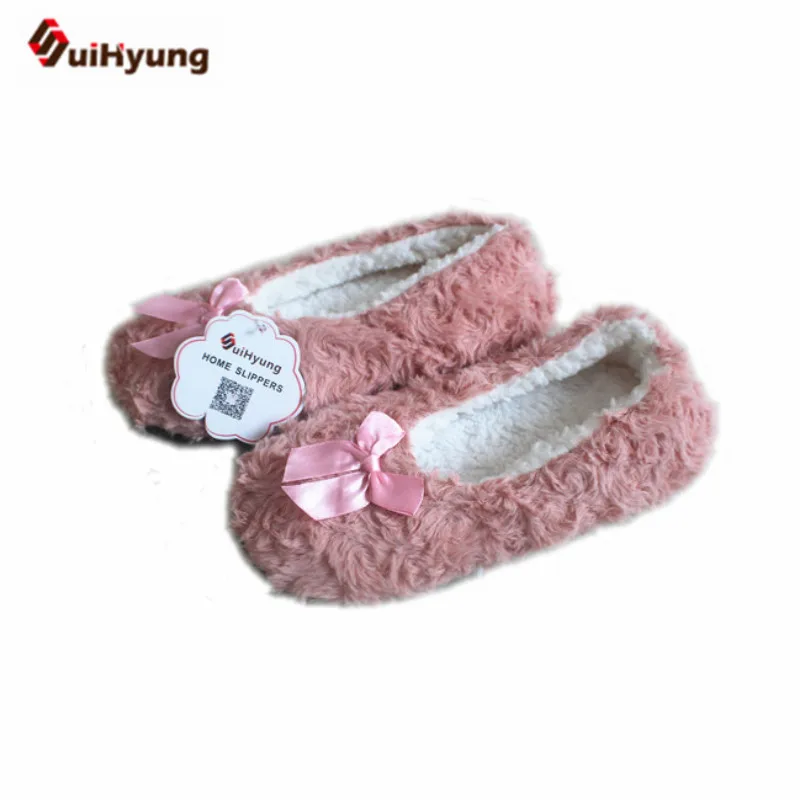Wine Red Suihyung/зимние теплые домашние женские тапочки; хлопковая обувь; плюшевые женские тапочки; флисовая домашняя обувь с бантом; женские комнатные тапочки - Цвет: Wine Red