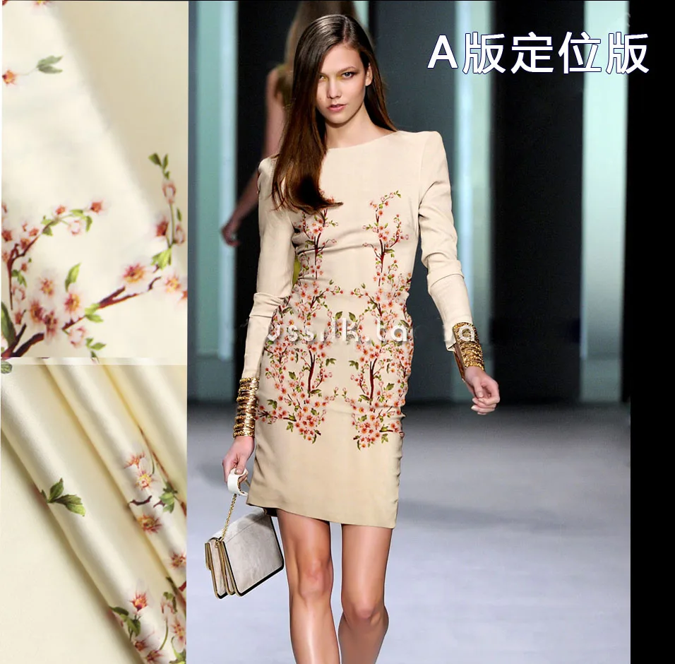 Stoffe Meterware Peach Blossom Gold Clothing Digital Print Fabric Heavy Silk Elastic Satin One-piece Dress Fabrics | Дом и сад