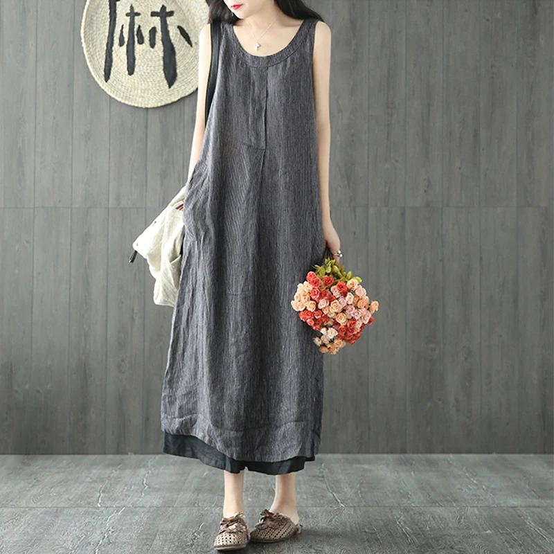 Винтажное женское платье до колен с карманами Повседневное макси без рукавов