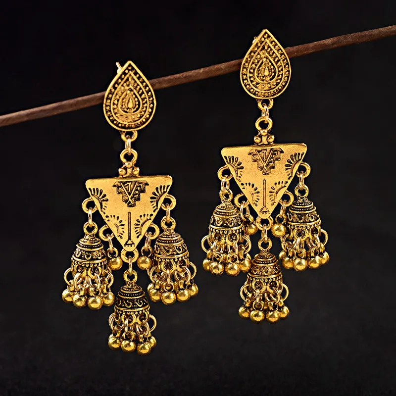 Винтажные треугольные турецкие серьги Jhumka женские золотистые колокольчики