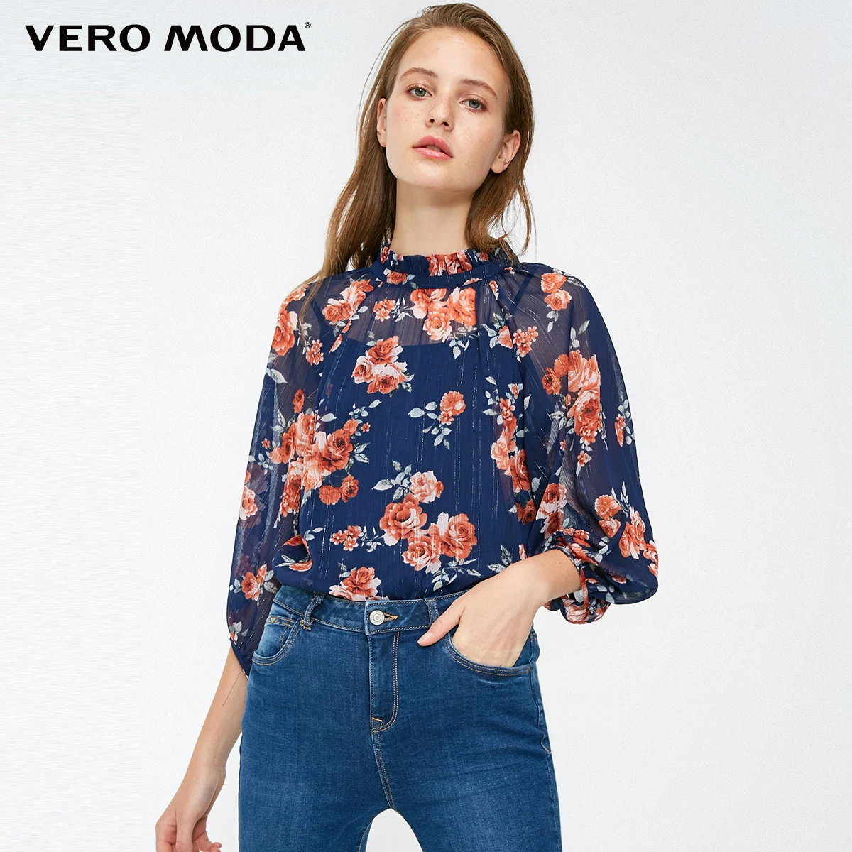 Midnight blue Vero Moda Новая женская печатная ткань v-образным вырезом 3/4 рукава шифоновая блузка, Топ | 318458502 - Цвет: Midnight blue