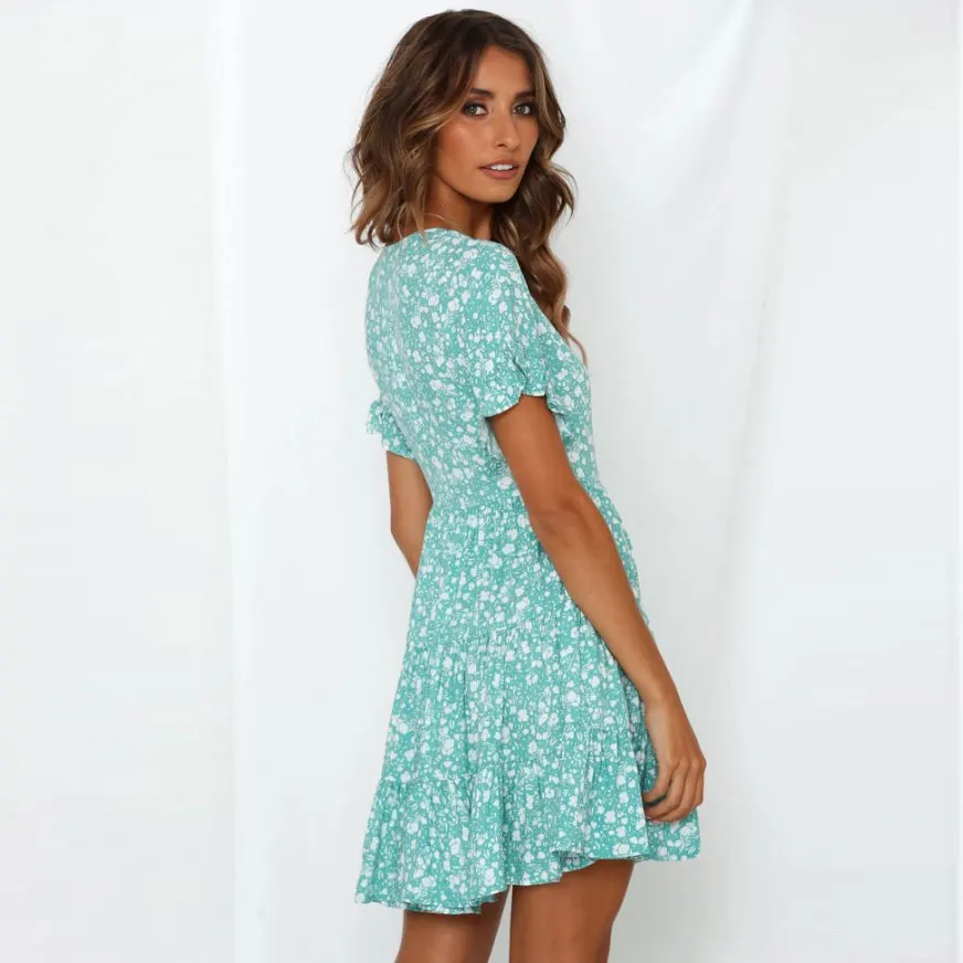 2019 European and American style women's sexy V-neck Short sleeve print dress | Женская одежда