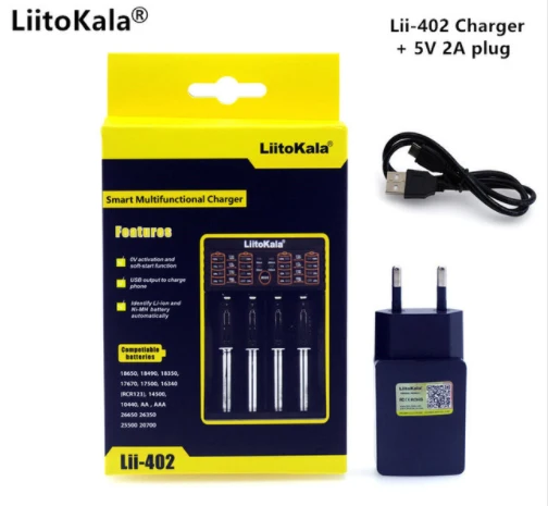 lii-402 and 5V2A EU Умное устройство для зарядки никель-металлогидридных аккумуляторов от компании Liitokala: Lii-S2 Lii-402 18650 Зарядное устройство, Зарядка 18650 1,2 V 3,7 V 3,2 V 18350 26650 зарядное устройство для никель-металл-гидридных и литиевых Батарея Зарядное устройство - Цвет: lii-402 and 5V2A EU