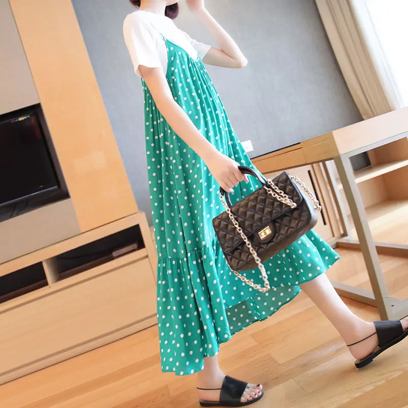 XITAO False Two Piece Midi Dress Women Clothes 2019 V Neck Dot Irregular Perspective Summer Korea Fashion Pullover WBB4342 | Женская