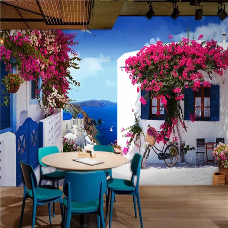 

Custom mural wallpaper 3d Mediterranean seaside street view extended space photo wallpaper cafe restaurant floral wall papers