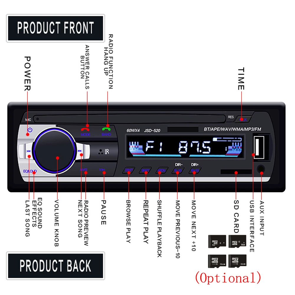 Podofo Авто Радио Стерео Цифровые JSD 520 Bluetooth 1 Din MP3 плеер FM аудио стерео приемник