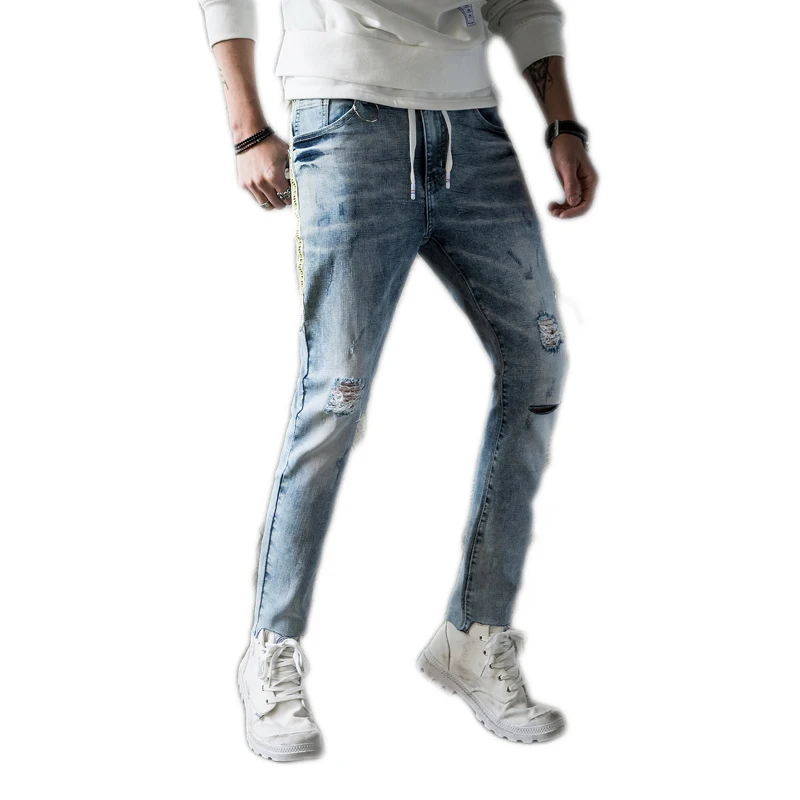 

High Quality Mens Jeans 2018 New Denim Pants Hole Ribbons Male Full Length Trousers Fashion Pencil Pants Light Blue 28-38 8015