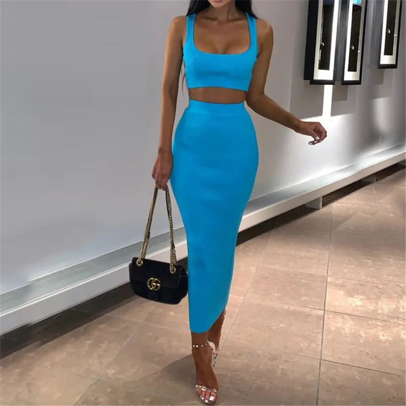 2019 Summer Women Two Piece Set Skirt Crop Top Sexy Knitted Festival Party Tracksuit Clothes Bodycon |