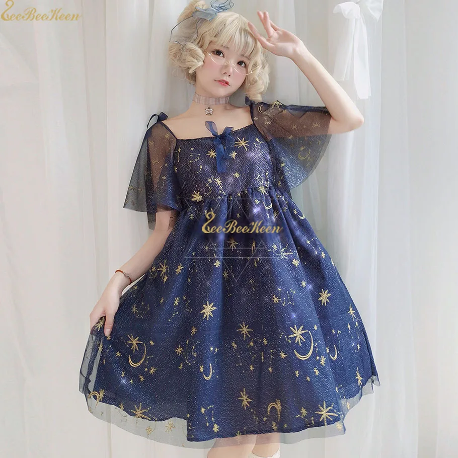 navy blue dress Короткое платье лолиты голубого/абрикосового цвета с блестками, карнавальный костюм звездного неба, женский летний костюм, шифоновая Милая одежда Лолиты для взрослых - Цвет: navy blue dress