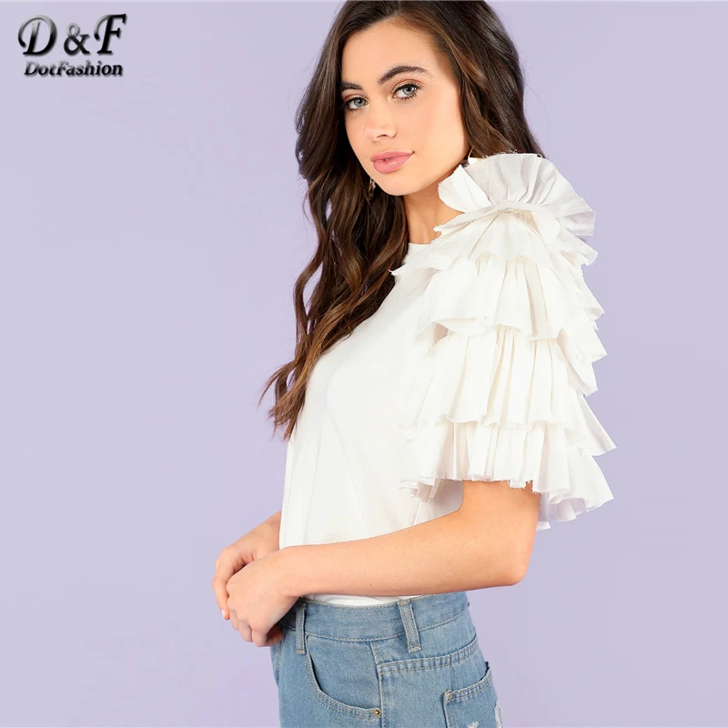 Dotfashion белый Многоуровневая рюшами отделкой облегающая футболка Для женщин Корейская одежда Повседневное летние топы опрятная футболка с коротким рукавом