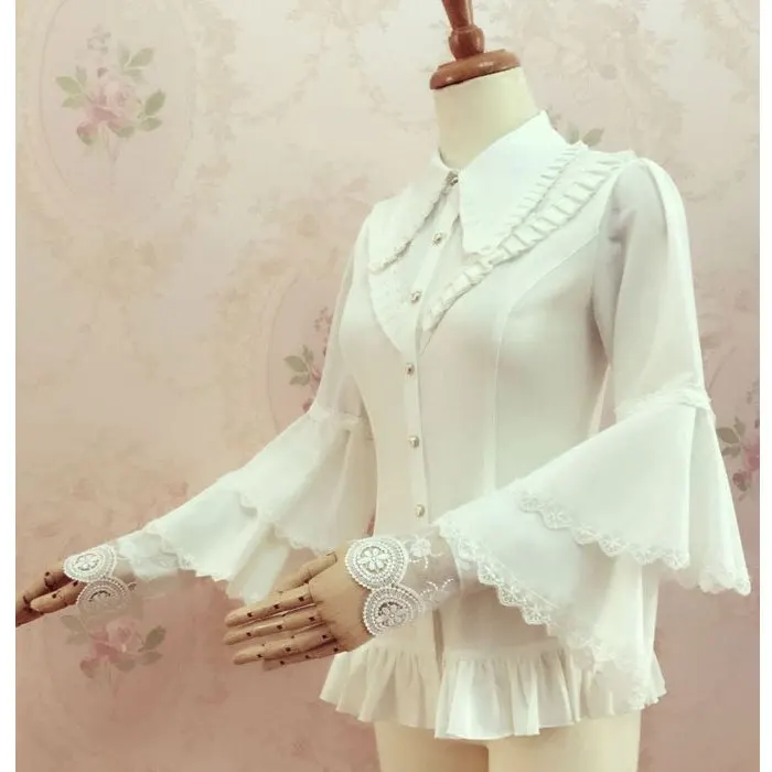 Sweet Women's Button Down Shirt Layered Flare Sleeve Pointed Collar Lolita Blouse