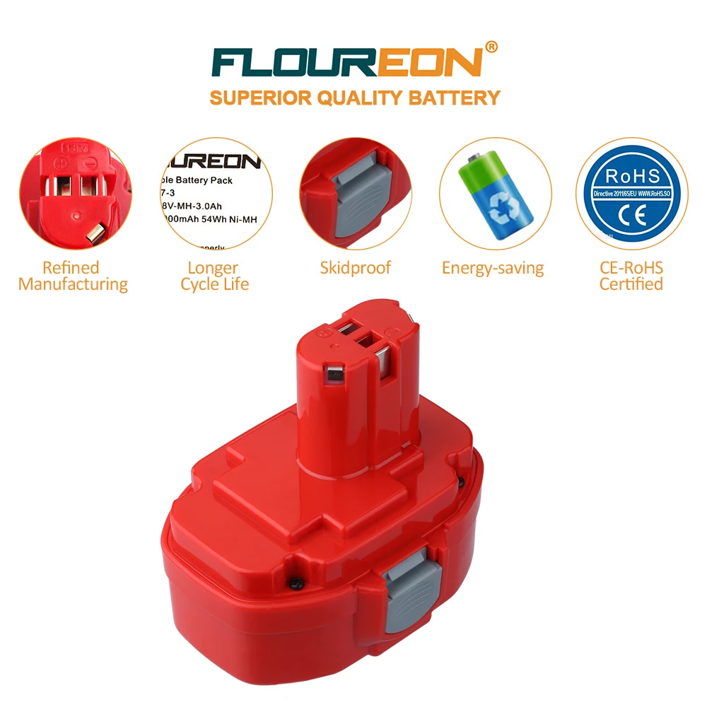 Аккумуляторная батарея FLOUREON 18 в 3000 мАч Ni MH Red для MAKITA SC190DWDE 4334D 5026DA 5026DB 5026DWA 5026DWB