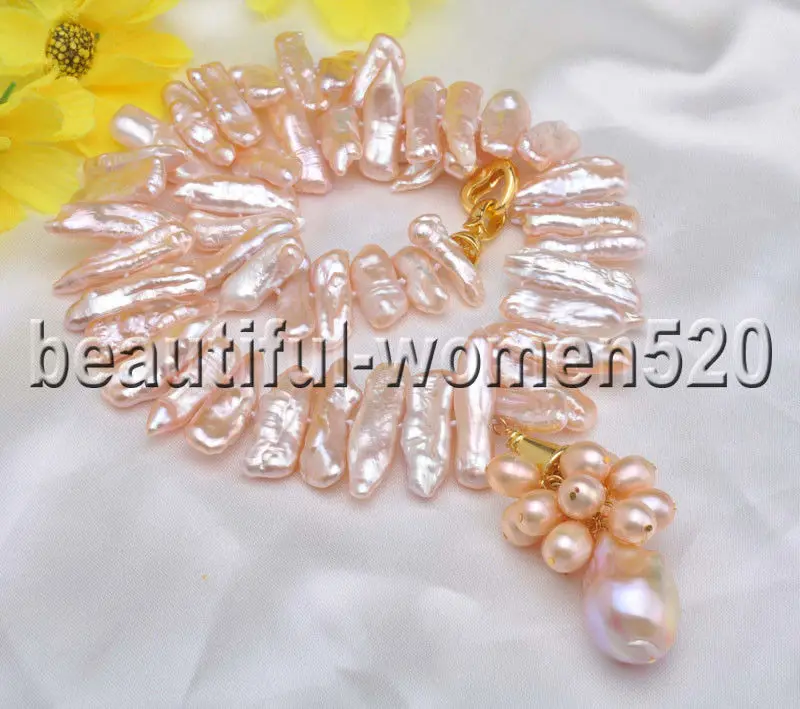 

Z7969 18mm Pink Dens Biwa Pearl keshi pearl Necklace Pendant 17inch