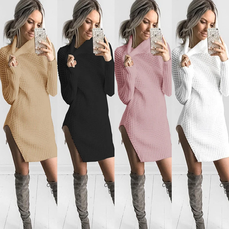 Fashion Turtleneck Sweater for Women Sexy Solid Split Knitting Casual Long Sleeve Dresses WLD136 | Женская одежда