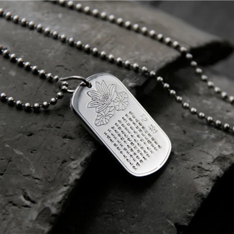 999 Sterling Silver Heart Sutra Script Men And Women Necklace Student Tag Pendant With Lotus Carved Drop Shipping 18.80G |
