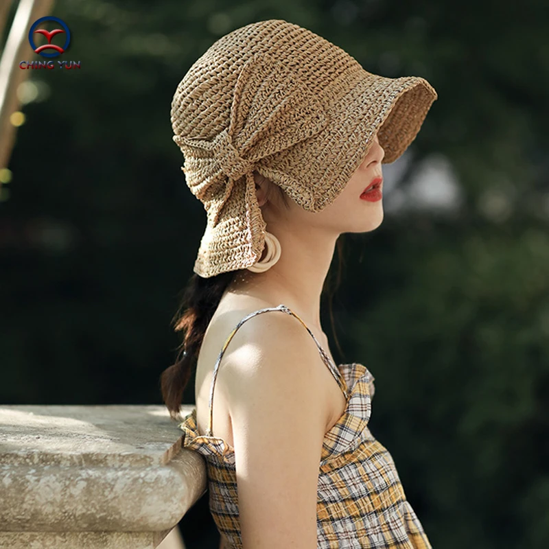 

CHING YUN Women hat 2019 sun hat Lafite straw korea style bow brim style beach Fisherman's foldable Seaside travel leisure hat