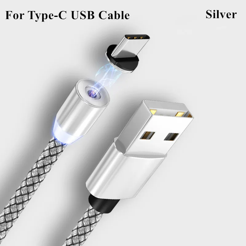 Silver For Type-C Светодиодный магнитный usb-кабель для зарядки кабеля USB type C Магнитный зарядный кабель для передачи данных Micro usb кабель для samsung Xiaomi huawei USB шнур - Цвет: Silver For Type-C