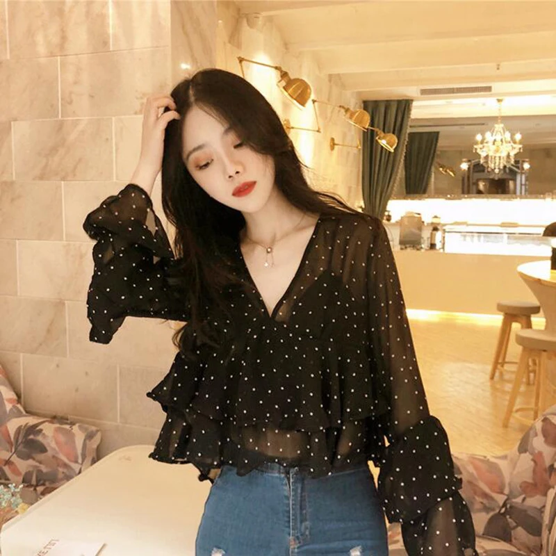 Летние шифоновые блузки Милая женская рубашка с оборками V образным вырезом