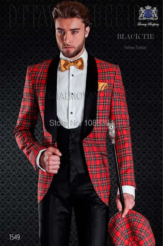 2017 New Brand Italian Groomsmen 3 Piece Groom Dinner Party Suits Slim Fit Plaid Wedding Dress Tuxedos (Jacket+Pants+Vest+Bow)