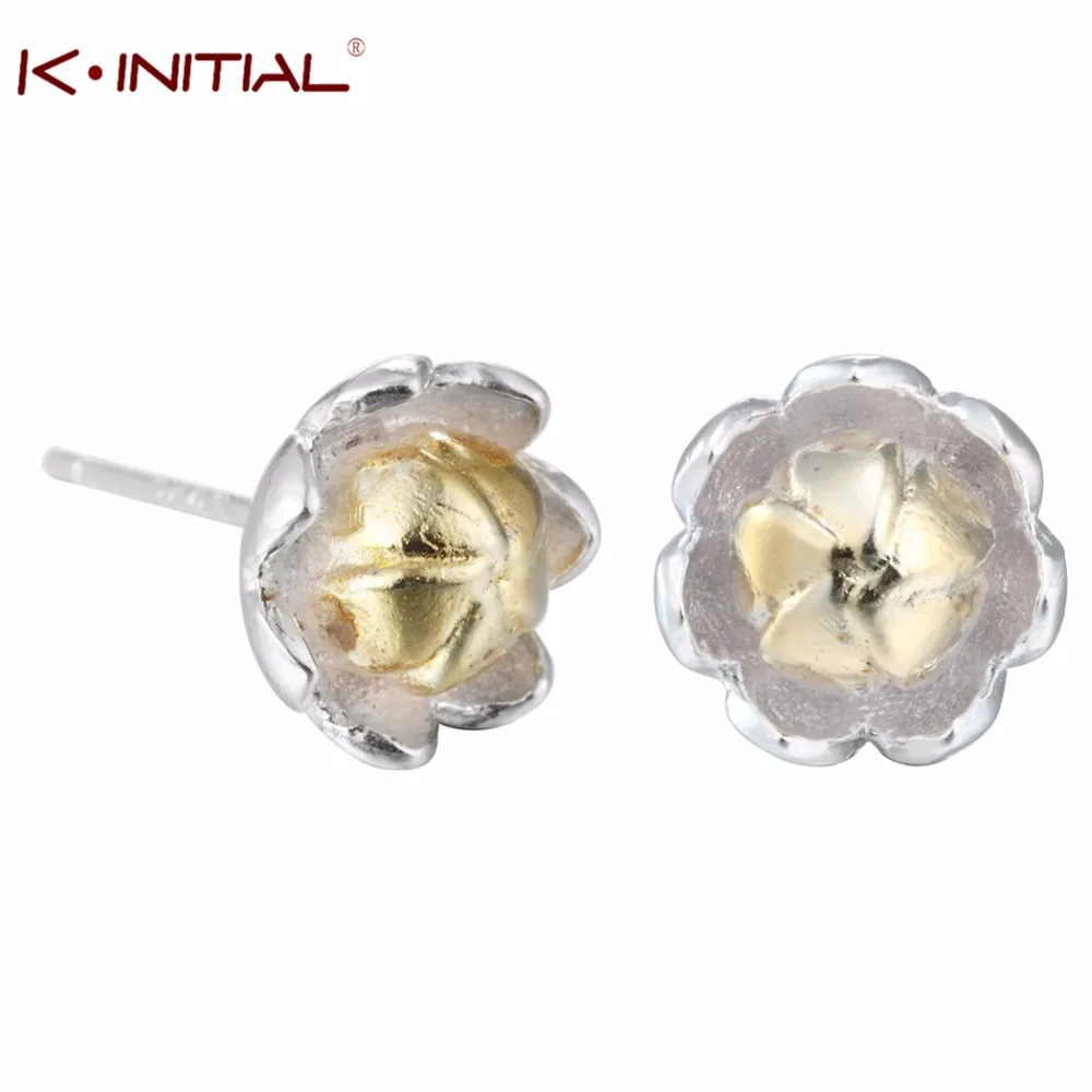 Kinitial настоящее 925 пробы серебряные золотые бутоны серьги гвоздики в виде цветка