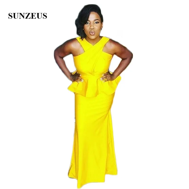 

Африканские блестящие желтые платья для подружки невесты с баской, свадебные вечерние платья, vestido Long SAU386