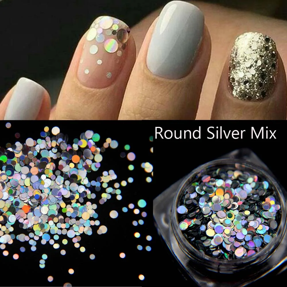 Round silver mix 1jar Nail Art AB блестки микс сердце круглый акриловый блеск шестигранный лак для ногтей блестки голографическая звезда украшения для ногтей разные размеры - Цвет: Round silver mix