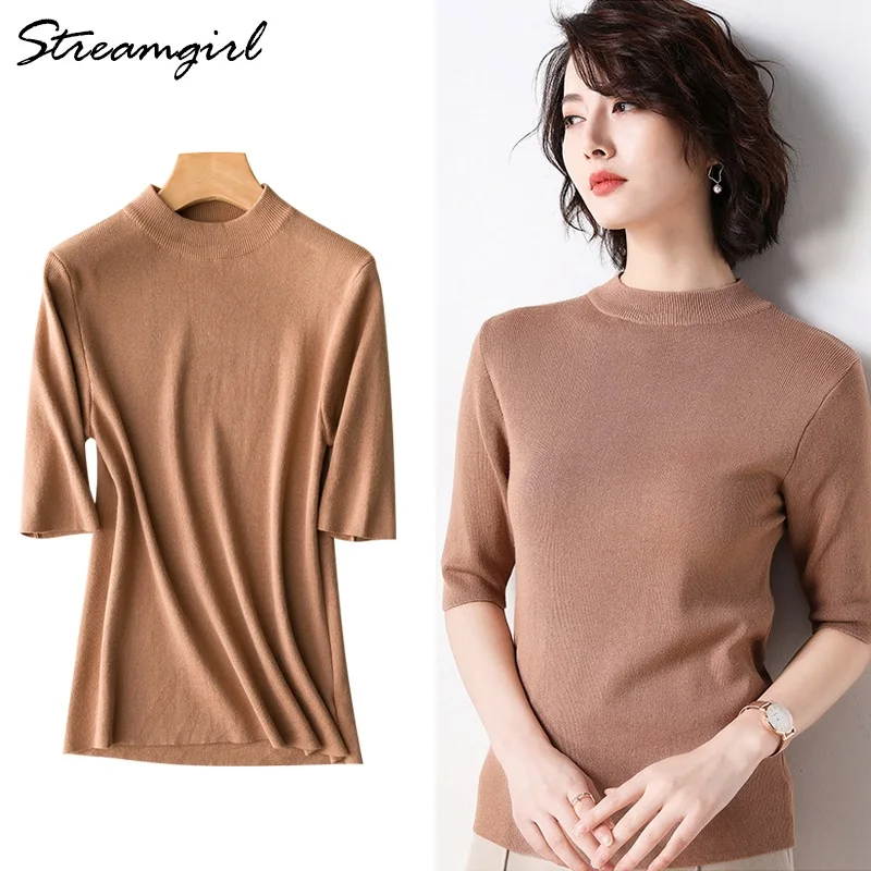 Jumper Women Summer Pullover Knitted Blouse Sweaters Half Sleeve Jumpers Ladies Tutleneck Woman Pull Femme 2019 Sweater | Женская одежда