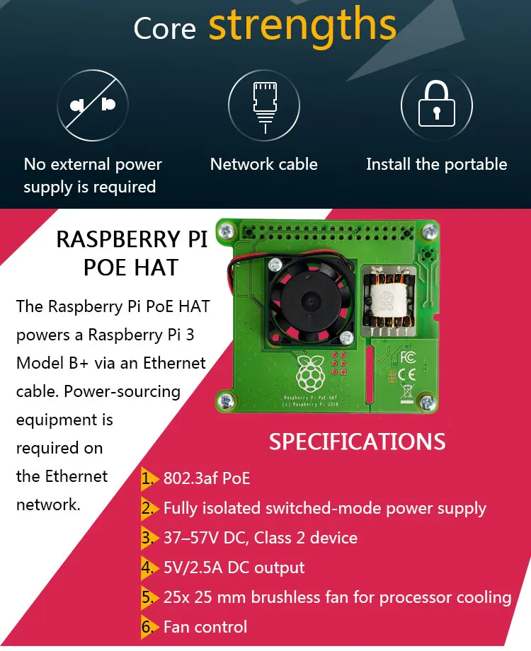 Raspberry Pi PoE HAT обеспечивает питание Raspberry Pi 4 модели B и Raspberry Pi 3 Model B+ через Ethernet-кабель