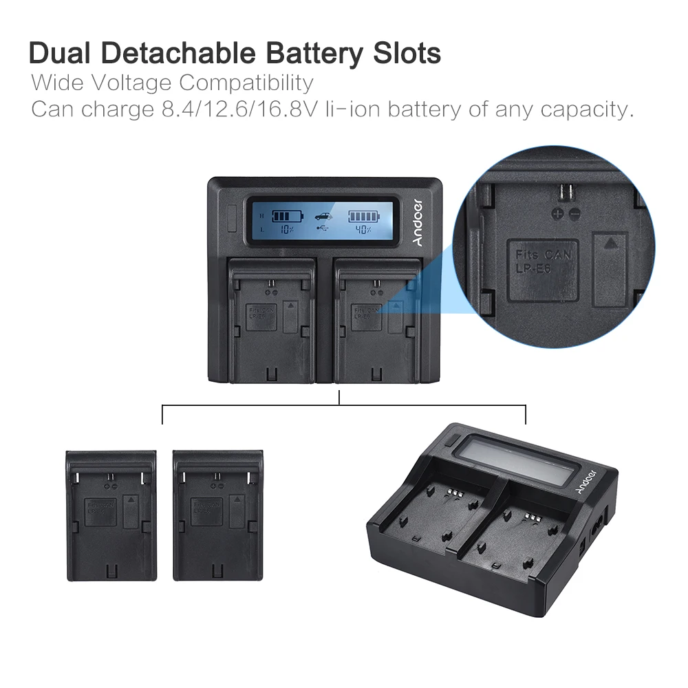 Зарядное устройство Andoer для цифровых камер Двухканальное с ЖК экраном Canon EOS 5DII