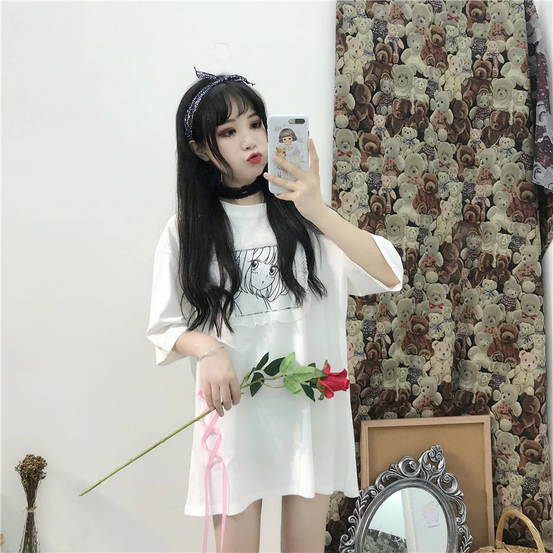 Japanese Sweet Long Tshirt Cute Clothes for Women Summer Oversized Loose Bandage T Shirt Black White Cartoon Graphic Tees Women