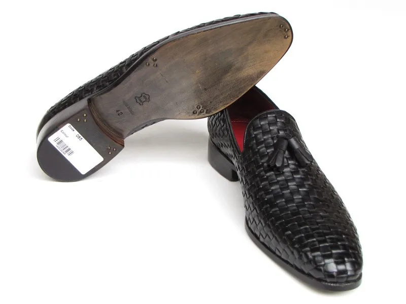 Paul Parkman Men's Tassel Loafer Black Woven Leather | Обувь