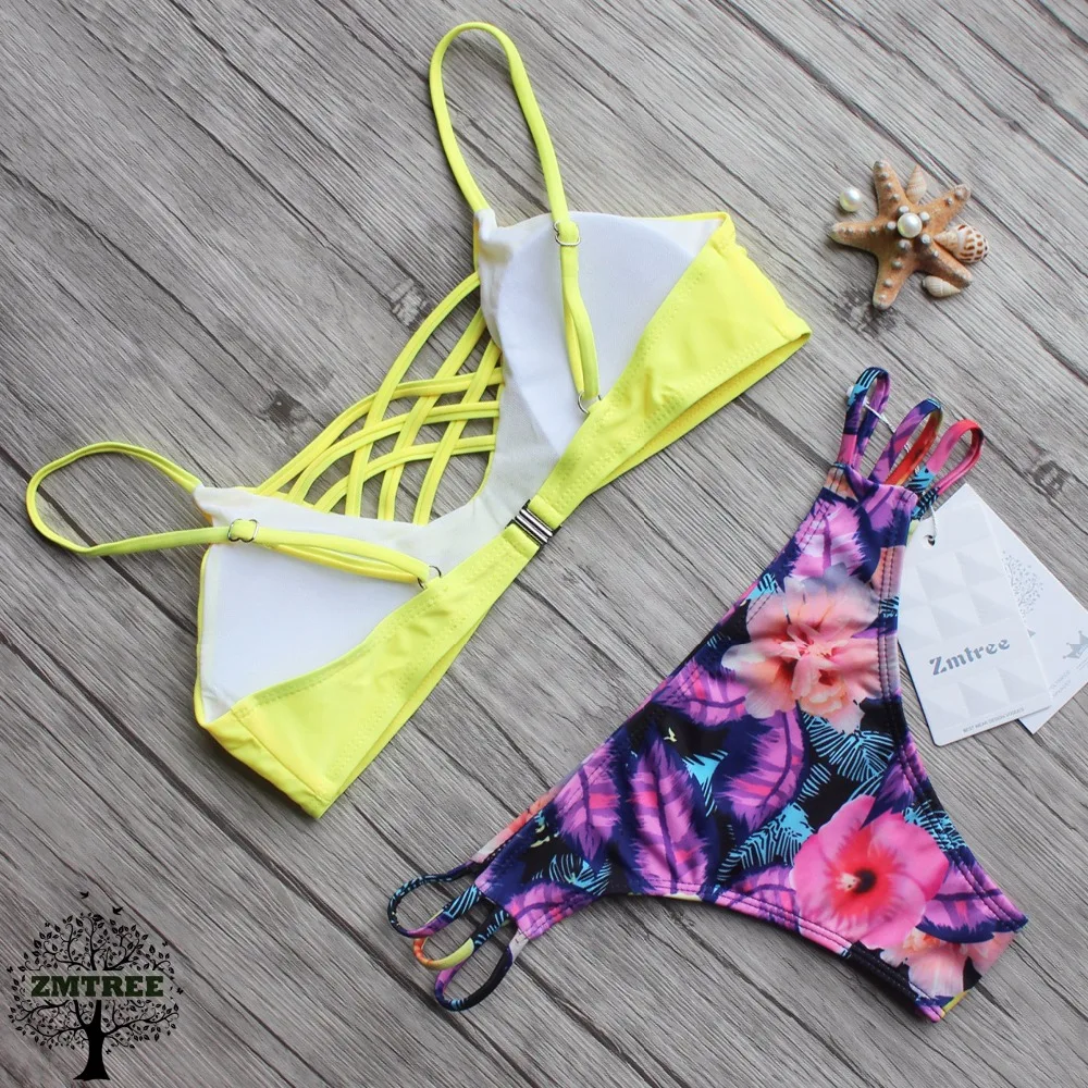 ZMTREE перекрестное бикини купальник с цветочным принтом женский сексуальный