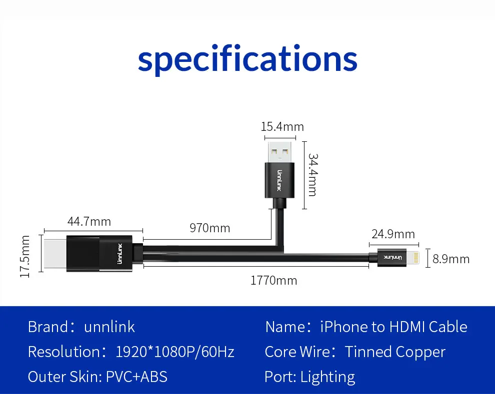Unnlink USB к HDMI зеркальный литой кабель для преобразования с аудио MHL для iPhone iPad освещение Android телефон Micro usb type C к HDMI