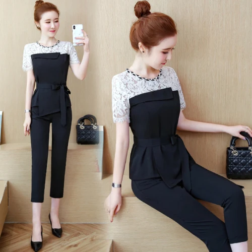 Кружевной сшитый нерегулярный Женский комплект из 2 предметов Топ и штаны летний