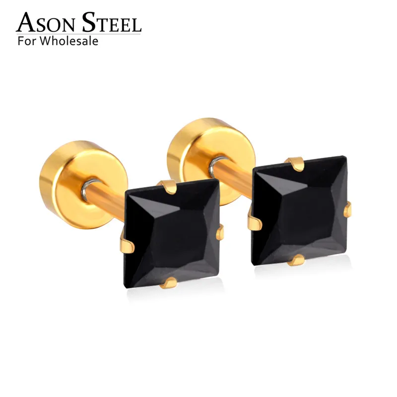 Серьги гвоздики ASONSTEEL 3 8 мм золотого/серебряного цвета с квадратным фианитом и