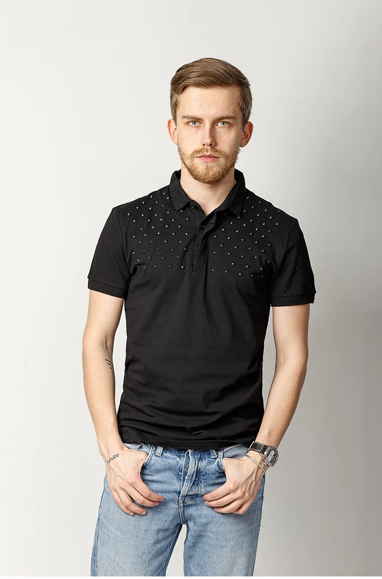 Летний черный с заклепками декоративный дизайн Для мужчин Slim fit поло Повседневные поло с короткими рукавами рубашка брендовая одежда PL-51