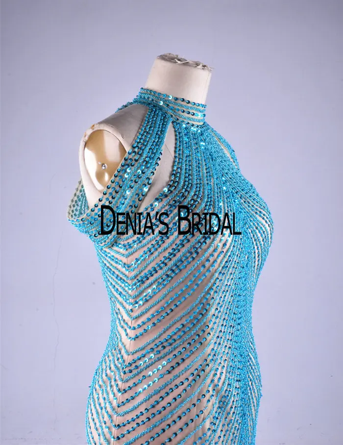 Женское вечернее платье с юбкой годе голубое до пола без рукавов высоким вырезом