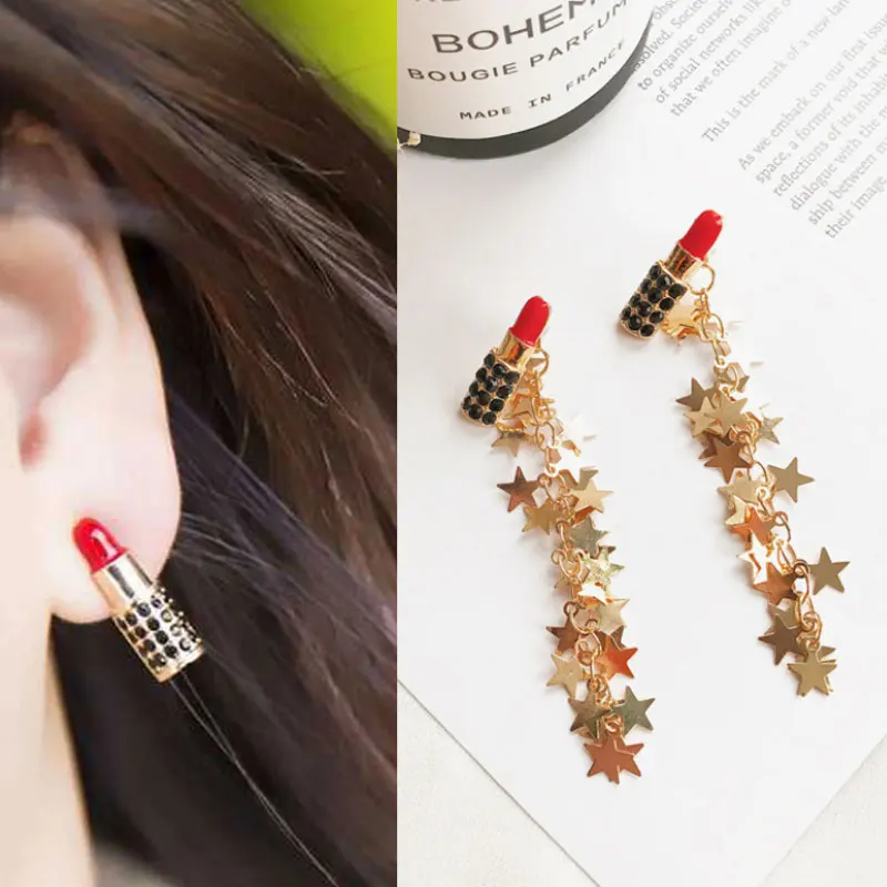 

Fashion Sexy Red Lipstick Earrings Long Star Tassel Drop Dangle Earring Wedding Party Jewelry Brincos For Woman
