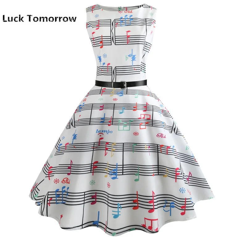 Sommer Musik Note Druck Kleid 50 s 60 Одри Хепберн халат Ретро шакель Повседневная винтажная без