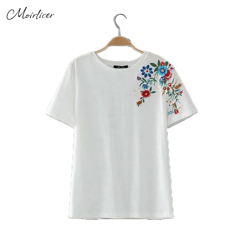 Moirlicer sweet flower embroidery T shirt short sleeve o-neck summer fashion tees ladies streetwear casual tops camiseta |