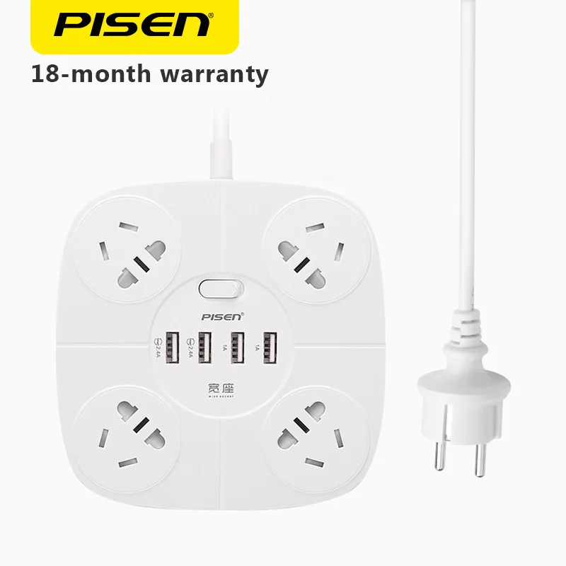 PISEN 4 AC Outlets USB Ports Power Strip Electronic Smart Extension Socket EU Plug Adapter Button Surge Protector | Электроника