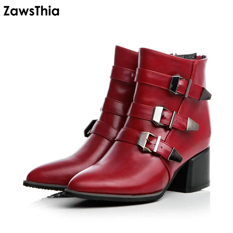 ZawsThia/Новинка обувь на высоком квадратном каблуке с острым носком зимние