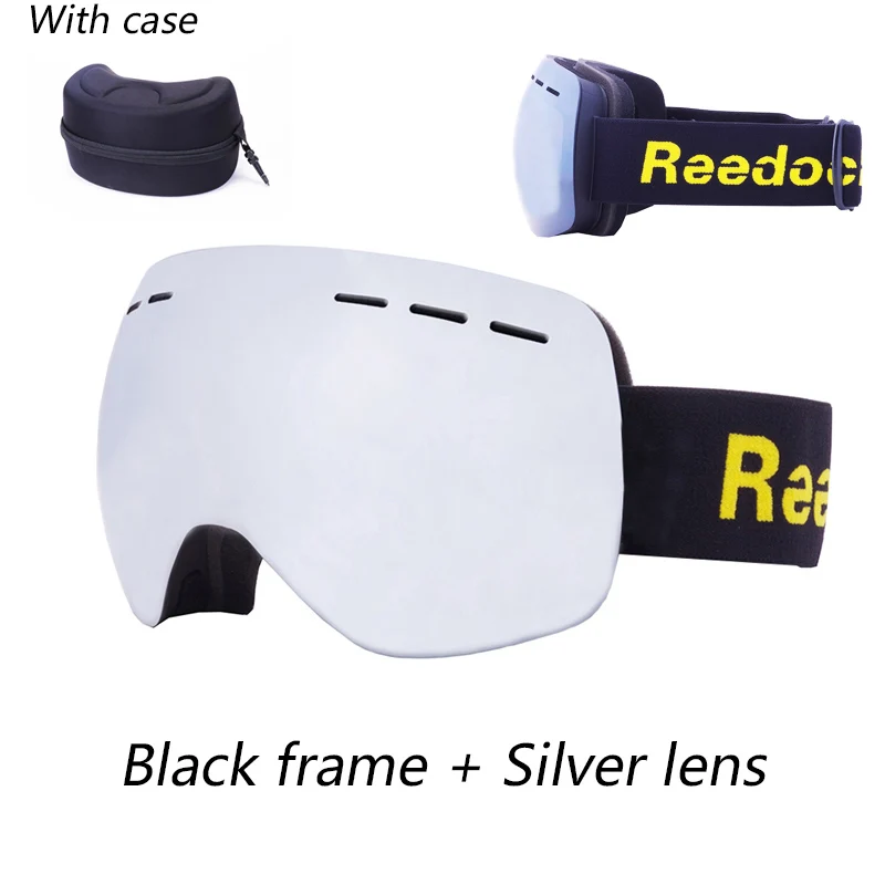Reedocks Фирменная Новинка двухслойные катания на лыжах, сноуборде, UV400 Анти-туман большой Лыжная маска очки Для мужчин Для женщин Снег Сноуборд с Чехол - Цвет: Black Silver