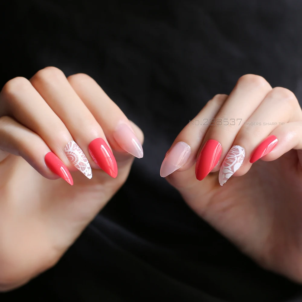 Накладные ногти с кружевным рисунком розовые черные наклейками накладные 24 шт.