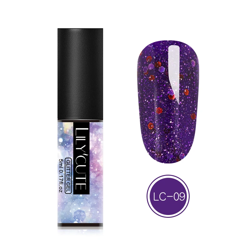 LC-09 LILYCUTE, 5 мл, блестящий Гель-лак с блестками, быстро сохнет, замачивается, УФ светодиодный Гель-лак для ногтей, розовый, золотой цвета - Цвет: LC-09